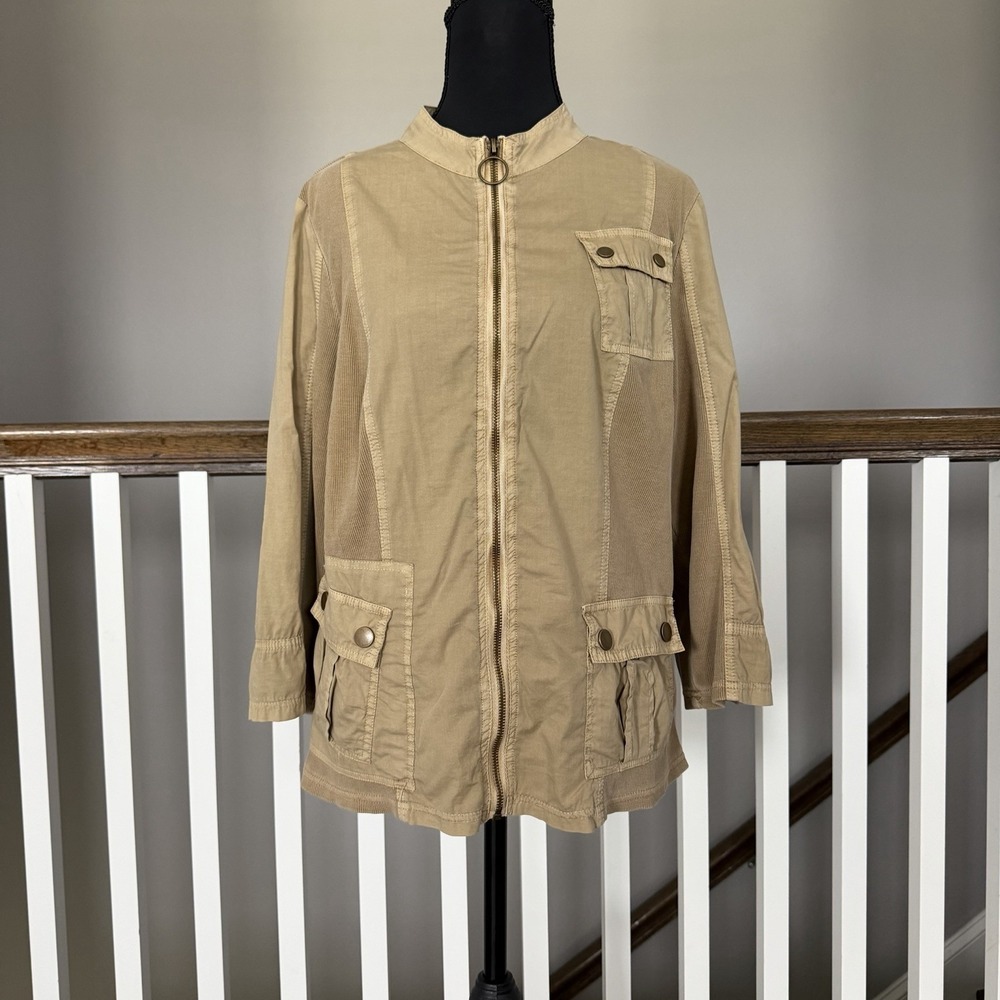 XCVI Wearables Jacket Womens L Green Military Utility Stretch Roll Tab Sleeve